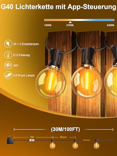 Lichterkette Outdoor 30m, G40 LED Lichterkette Außen Strom