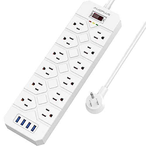 Power Strip Flat Plug, AUOPLUS Surge Protector with 12 Outlets and 4 USB Ports, 6.6 Feet Long Extension Cord (1875W/15A/3400 Joules), Mountable Power Strips for Home, Office, Dorm Essentials