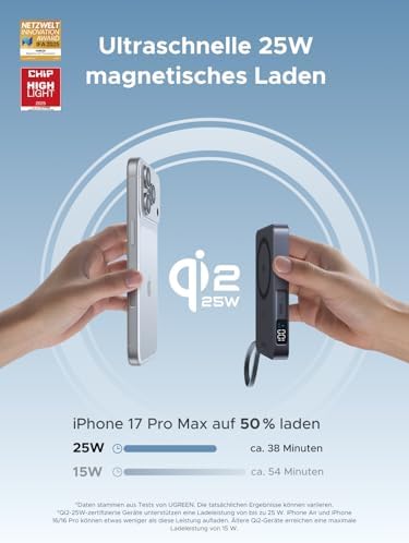 MagFlow 10000mAh Qi2 25W Powerbank Magsafe mit USB-C 30W, (Grau)