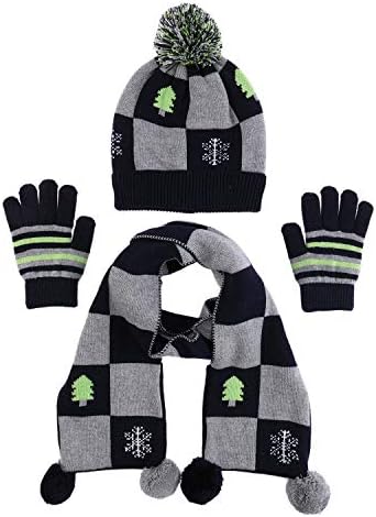 100% Cotton Hat Scarf Mitten Set Baby Fashion Checkered Pom Scarves Toddler Snow Beanie Cap Boy Winter Gloves