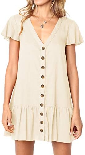 ImystyWomens Polka Dot V Neck Button Down Ruffles Loose Mini Short T-Shirt Dress