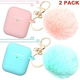 Airpods Case Newest Upgrade (Front LED Visible) ANTARCTICASE Skin Drop Proof Protective Pom Pom Keychain Case Cover Silicone for Apple Airpods 2&1 Charging Cute Fur Ball Keychain (Pink+Mint)