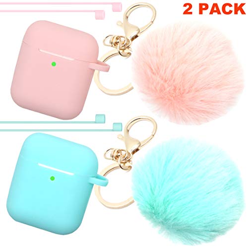 Airpods Case Newest Upgrade (Front LED Visible) ANTARCTICASE Skin Drop Proof Protective Pom Pom Keychain Case Cover Silicone for Apple Airpods 2&1 Charging Cute Fur Ball Keychain (Pink+Mint)