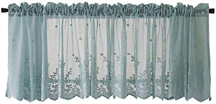 HomeyHo Rod Pocket Sheer Lace Cafe Curtains Panel Kitchen Window Tier Curtains for Living Room Sheer Small Curtains Short Curtains for Bedroom Girls 29 x 24 Inch Seafoam