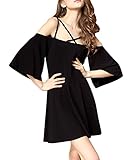 Sarin Mathews Women's Off Shoulder Trumpet Sleeve Straps Cross Sexy Midi Dress Black XL
