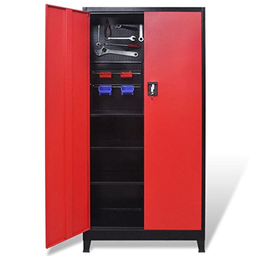 Tool Cabinet 2 Doors Steel with 3 Adjustable Shelves and 2 Racks,90 x 40 x 180 cm (L x W x H) Black and Red for Storing Tools