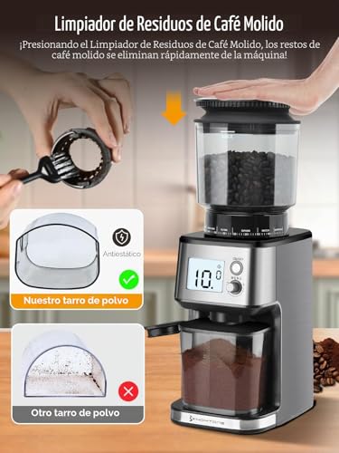 Homtone Electric Coffee Grinder with Conical Grinder – Coffee Mill with 51 Grinding Levels, Removable Holder, Container Included – for Espresso, Filter Coffee, Cold Brew (Acciaio Inox)