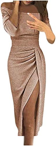 Jevvia Women Sexy Off Shoulder Long Sleeve Ruched Thigh Slit Dress Evening Party Cocktail Dress