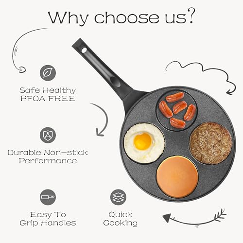 Pancake Pan with 4 Cups, 10.5 Inch Nonstick Mini Pancake Maker Griddle, PFOA-Free Coating for Easy Cooking and Cleaning, Black