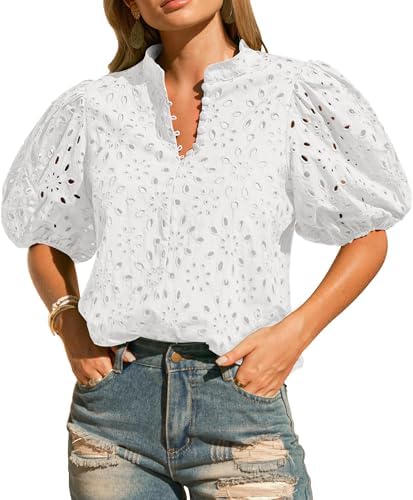 Allegra K Crochet Eyelet Top for Women's Mock Neck Puff Sleeve