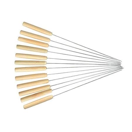 DEZIINE Barbecue Stainless Steel Skewer Stick Needle with Wooden Handle (Multicolour) -Set of 10