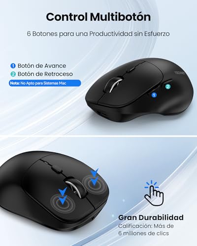 TECKNET Ratón Bluetooth, Raton Inalambrico Recargable(Tri-Mode: BT 5.0/3.0 + 2.4G), Silencioso Raton Ergonómico con 4800 dpi Ajustable para Portátiles, Mac OS, Android, Windows
