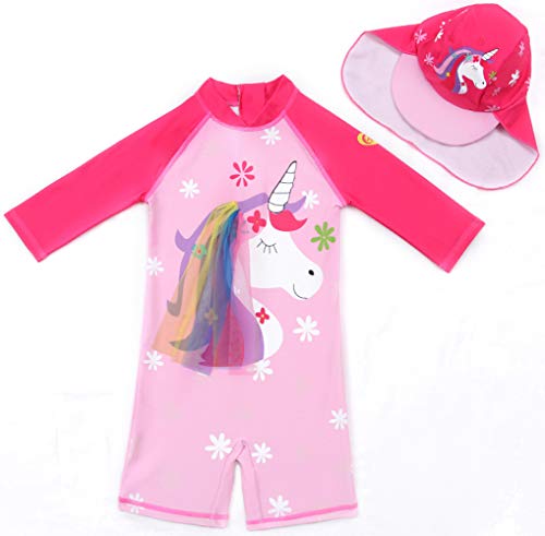 Baby Toddler Girls Unicorn Swimsuits One Piece Swimwear Bathing Suits Rash Guard UPF 50+ (Shy Unicorn, 2-3 Years)
