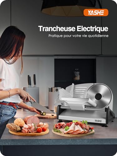 YASHE Electric Slicer, 250W Bread Slicer with 7.5" Serrated and Smooth Blades, Adjustable Thickness (0-15mm), Safety Lock, Non-Slip Feet, Easy to Clean