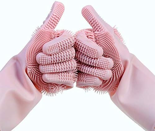 Magic Silicone Dishwashing Scrub Gloves - with Finger Grip Scrubber 2019 Updated Model 2 Sided, Heat Resistant sponge glove for Cleaning, Bathroom, Household, Car, Pet Hair;1 Pair Pink