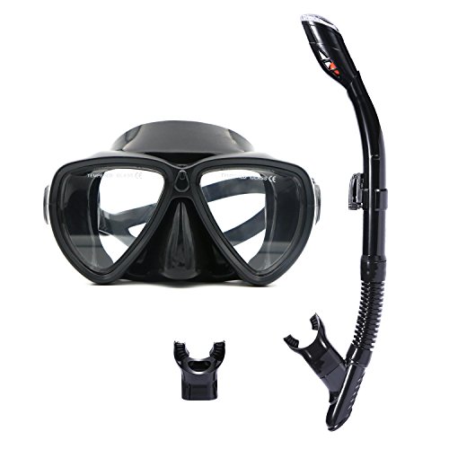 Speefish Scuba Diving Mask Snorkel Set, Anti-fog Coated Glass Goggles and Dry Top Snorkel with Free Mouthpiece for Snorkeling Freediving Swimming (Full Black) - Thumbnail 7