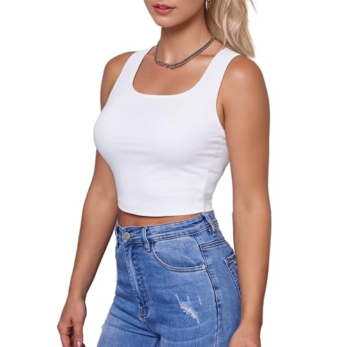 Photo 1 of Women's Sleeveless Strappy Tank Square Neck Double Layer Workout Fitness Casual Basic Crop Tops l White