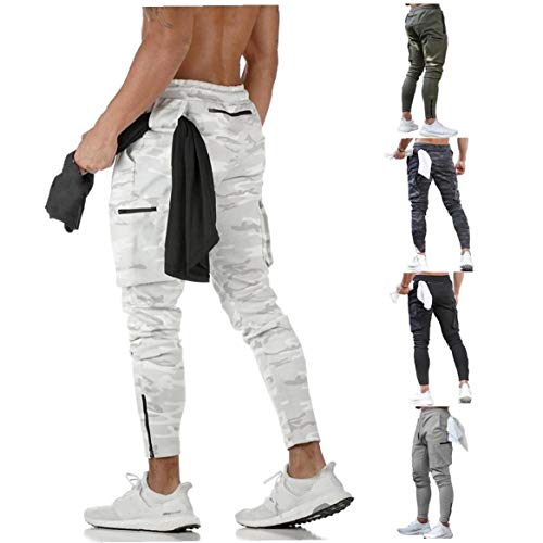 Heren Workout Sport Broek, Atletische Running Jogger Track Broek Casual Joggingbroek met Rits Zakken Wit Camouflage 3XL - Image 7