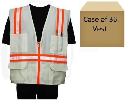 Safety Depot Wholesale Safety Vest Bulk Case Durable Reflective High Visibility Surveyor Style Zipper with Pockets (Case of 36 Units, White, Medium)