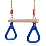Startostar Adjustable Wooden Trapeze Swing Bar with Plastic Gym Rings, Heavy Duty Adjustable straps Holds up to 264 lbs, Indoor Outdoor Playground Set for Kids