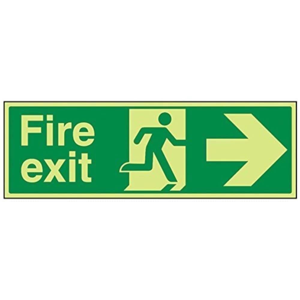 V Safety Glow in the Dark Fire Exit Arrow Right Sign - 450 mm x 150 mm - Rigid Plastic Safety Sign — image 1