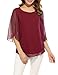 ACEVOG Womens Casual Scoop Neck Loose Top 3/4 Sleeve Chiffon Blouse Shirt Tops (L, Wine Red)