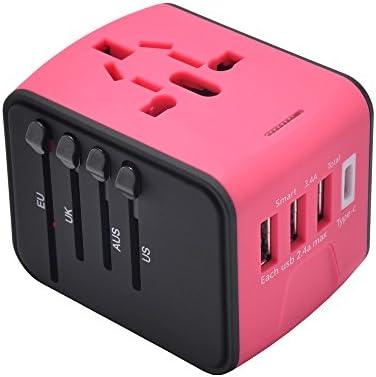 International Power Adapter With 2.4A USB and 3.0A USB Type-C for UK, US, AU, Europe& Asia-Over 150+ Countries All in One Plug Adapter USB Power Adapter for iPhone, Android, All USB Devices(Red)