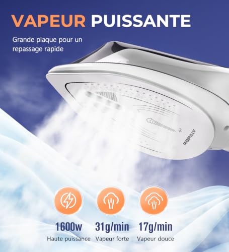 Ropilly Garment Steamer & Iron 2-in-1 1600 W, Removable Ceramic Sole, Vertical Steamer and Horizontal Ironing, Quick Conversion, Automatic Shutdown, Self-Cleaning