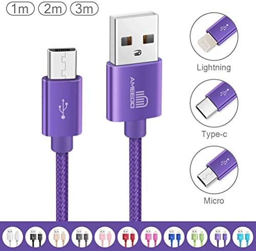 Ameego [3Pack 1m+2m+3m High Speed Strong Nylon Braided Tangle-Free 3.1A Micro USB Data Charge Cable for Samsung, HTC, Nokia, Sony, Kindle,Speaker, Power bank and More Micro USB Devices (Purple)