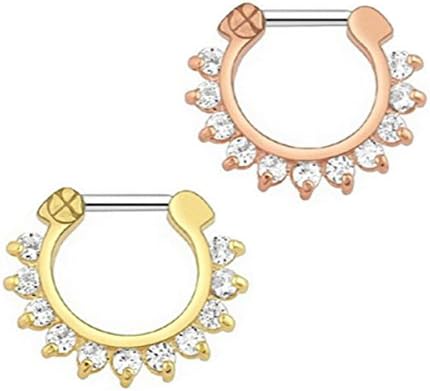 Brass Septum Clicker, Kredy 16G Horseshoe Circular Barbell Septum Jewelry Ring Nose Rings Daith Septum Clicker Jewelry with CZ Gems for Women Girls - 2 PCS Rose Gold / Gold
