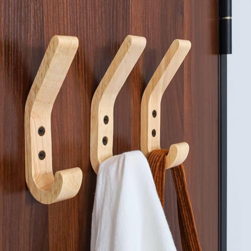 Wall Mounted Solid Wood Coat Rack (4 Pieces) - Hand Polished Oak Design Hooks - 10kg - For Kitchen, Bedroom & Bathroom