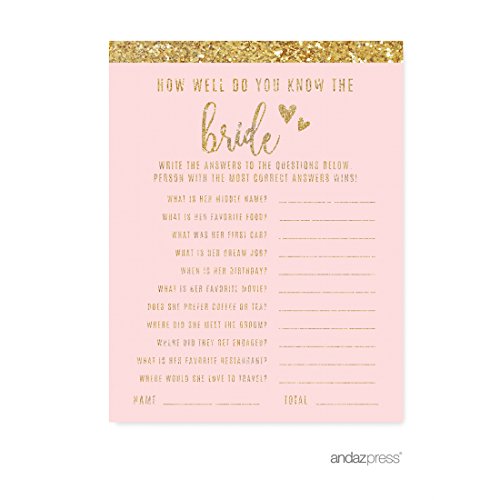 Andaz Press Blush Pink Gold Glitter Print Wedding Collection, How Well Do You Know the Bride? Bridal Shower Game Cards, 20-Pack