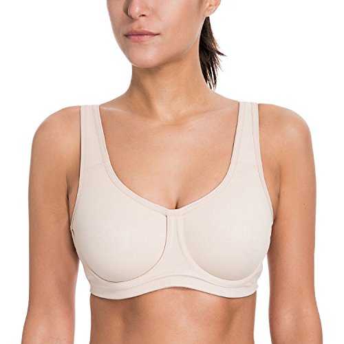 SYROKAN Women's Max Control Solid High Impact Plus Size Underwire Sports Bra Beige 42DD