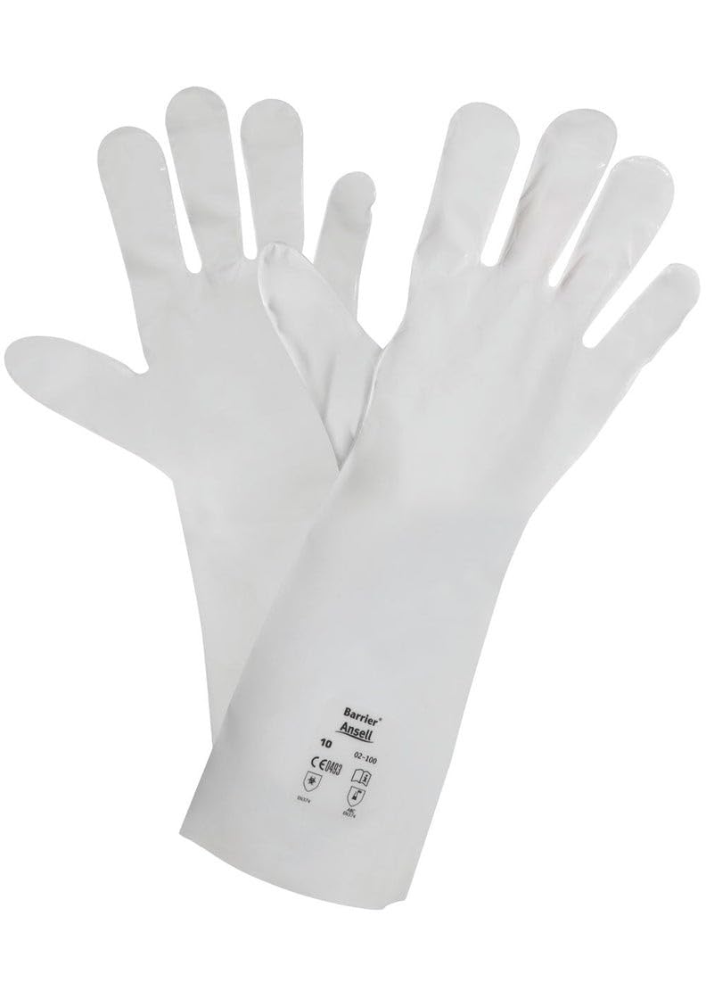 Ansell AlphaTec 02-100 Chemical Resistant Gloves, Heavy Duty Protection, Liquids, Solvents, Acids, Industrial PPE, White, Size L (12 Pairs)