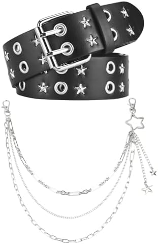 Y2K Punk Studded Chain Belt with Star Charm Double Grommet 3 PCS Black Studded Belt Y2K Star Goth EMO Punk Rock Double  main image 4