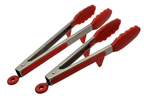 CookEasy Premium Locking Kitchen Tongs And Cooking Utensils – Set Of 2 (9-inch & 12-inch) With Built-in Stand – Heat Resistant With Silicone Handles And Tips (Cherry Red)