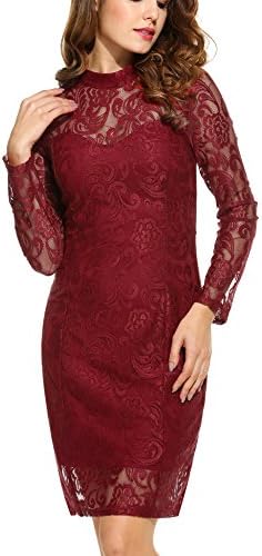 PHOENSTA Women Floral Lace Party Dresses Long Sleeve Pencil Dress Bodycon Knee Length Cocktail Mini Dress