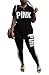 FEIYOUNG Women Pink Word Letter Print V Neck Sweatshirt Pantsuits Sweatpants Jumpsuits 2 Piece Outfits