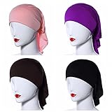 Ksweet 4pcs Stretch Elastic Hijab Cap for Women Summer Underscarf Tube Cap Head Cover Scarf (Black+Light brown+Purple+KQ)