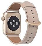 JSGJMY Apple Watch Band 38mm Women Light tan Vintage Genuine Leather Loop Replacement Iwatch Strap with gold Metal Clasp for Apple Watch Series 2/1 Gold Aluminium