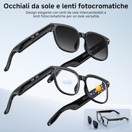 AI Smart Glasses, Smart Glasses 8K Camera, 2 Pairs of Lenses/1080P HD Video and Audio Recording/Music Playback/Bluetooth Calls/AI Assistant/Real Time Translation (Black)