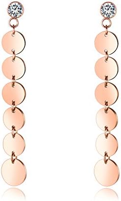 Discs Dangle Earrings Long Drop Studs Round Cut Cubic Zirconia 18K Gold Plated Titanium