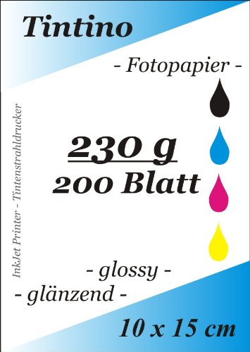 Tintino 200 Sheets Photo Paper 10 x 15 cm 230g/m² high-Gloss Glossy Instantly Dry Waterproof Bright White Very high Color Brilliance for Inkjet Printers
