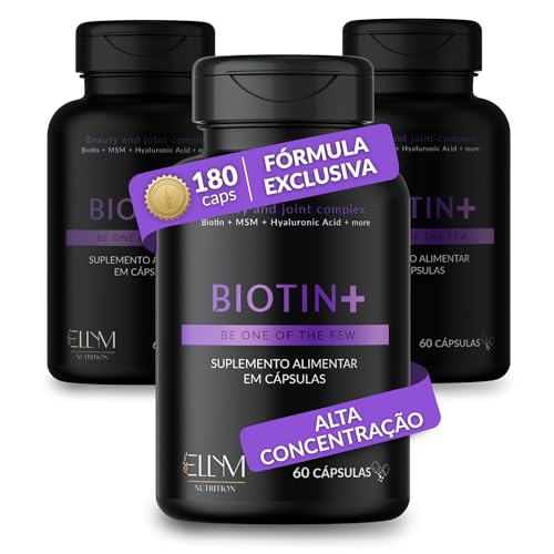 Biotina+ 180 Capsulas Ellym NUtrition Pele Cabelo e Unhas 100% Biotina MSM Acido Hialuronico Vitaminas B1 B2 B3 B5 B6 B12