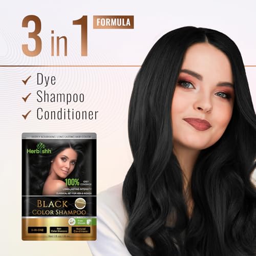 Herbishh Hair Color Shampoo For Gray Hair– Hair Dye Shampoo With Argan Hair Mask–Travel Size-Colors Hair In Minutes–Long Lasting Colour–10Pack+1Pack–Ammonia-Free (Black)
