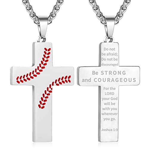Zocomi Baseball Cross Necklace for Boys Men, Stainless Steel Cross Pendant Chain 24 Inches, Inspirational Bible Verse Religious Gift