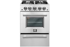 FORNO Breno Full Gas 24" Inch. Range 4 Sealed Burners Cast Iron Cooktop Freestanding Stainless Steel Oven 2.3 Cu.Ft.
