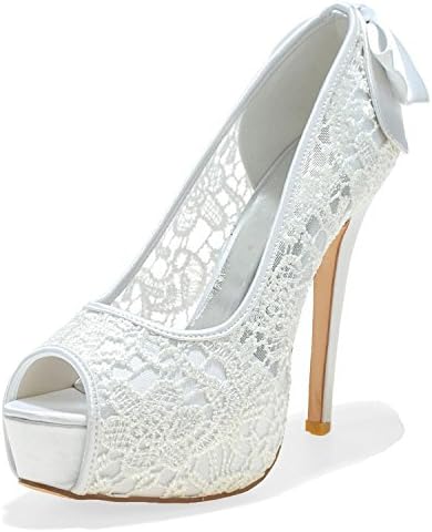 Elobaby Women Wedding Shoes D3128-05 Peep Toes Chunky Lace High Heel Satin Bridal Court Shoes