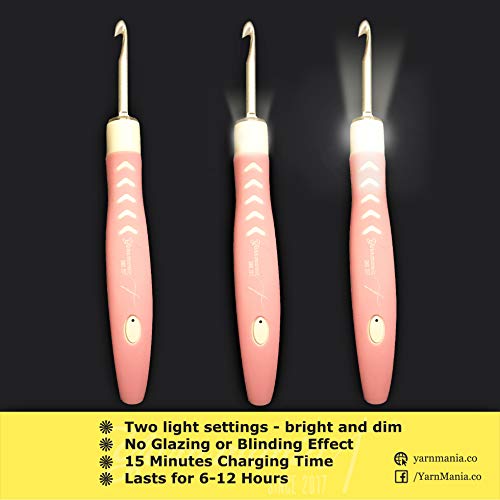 [2nd Gen] Yarn Mania Aiyana Crochet Hooks | Light Up Crochet Hooks with 9 Sizes Interchangeable Aluminum Heads | Ergonomic Curve Shape, Soft Handle and Two Brightness Settings (Light Pink) - Thumbnail 3
