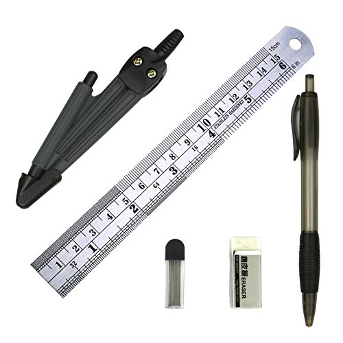9 Piece Geometry School Set,with Quality Compass, Set Squares, Protractor,Drawing Compass Math Geometry Tools (9 pcs)